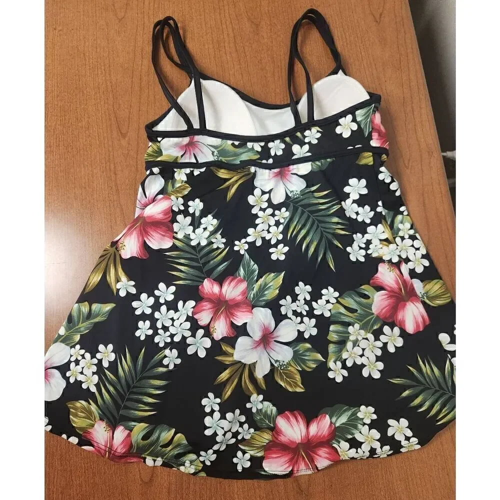 Mainstream Swimsuit Womens Sz 10  One-Piece black with tropical flowers. Built i